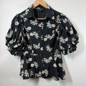 Gracia Black Bow Print Puff Sleeve Blouse Peplum Button Up Shirt Small